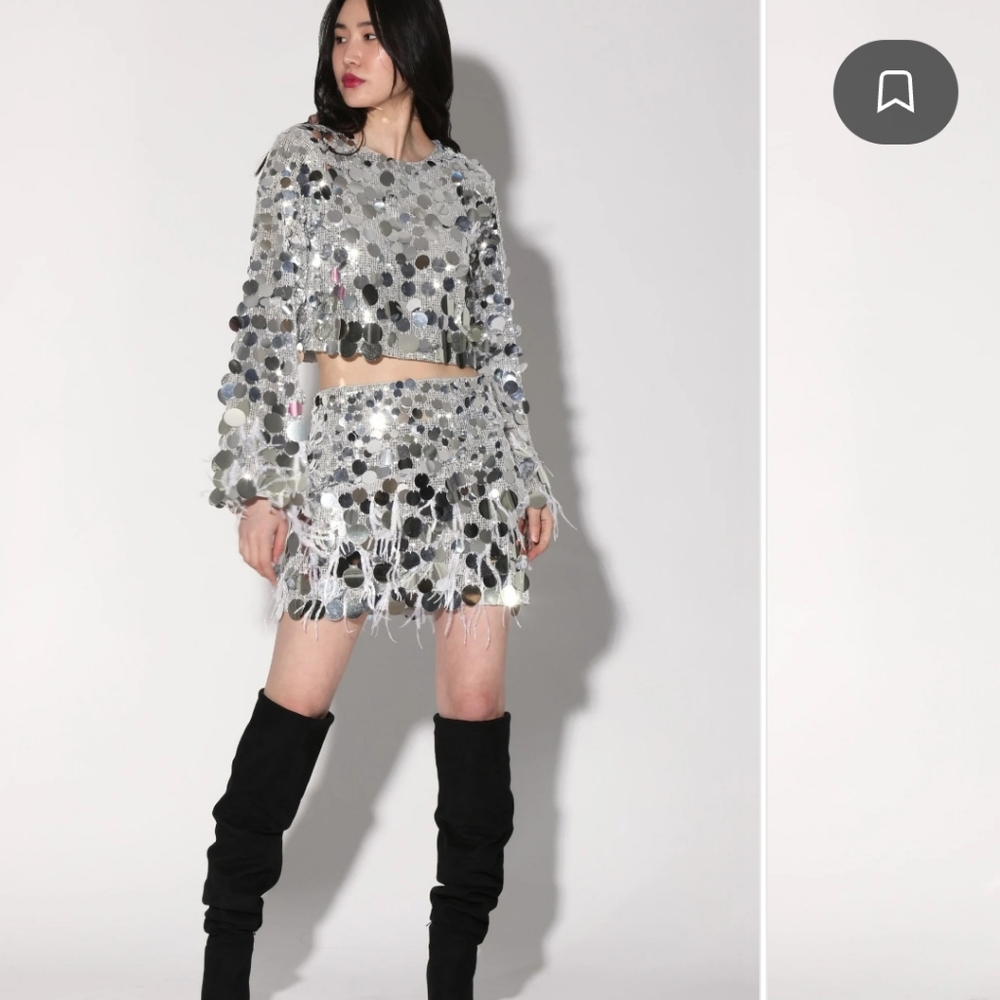 Walter Baker Sequin Paillette Sequin Fringe Top Silver